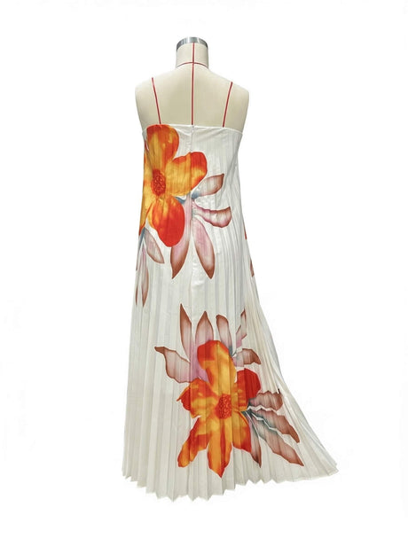 Aurohaya Elegant Sweetheart Orange Floral Print Pleated Maxi Dress