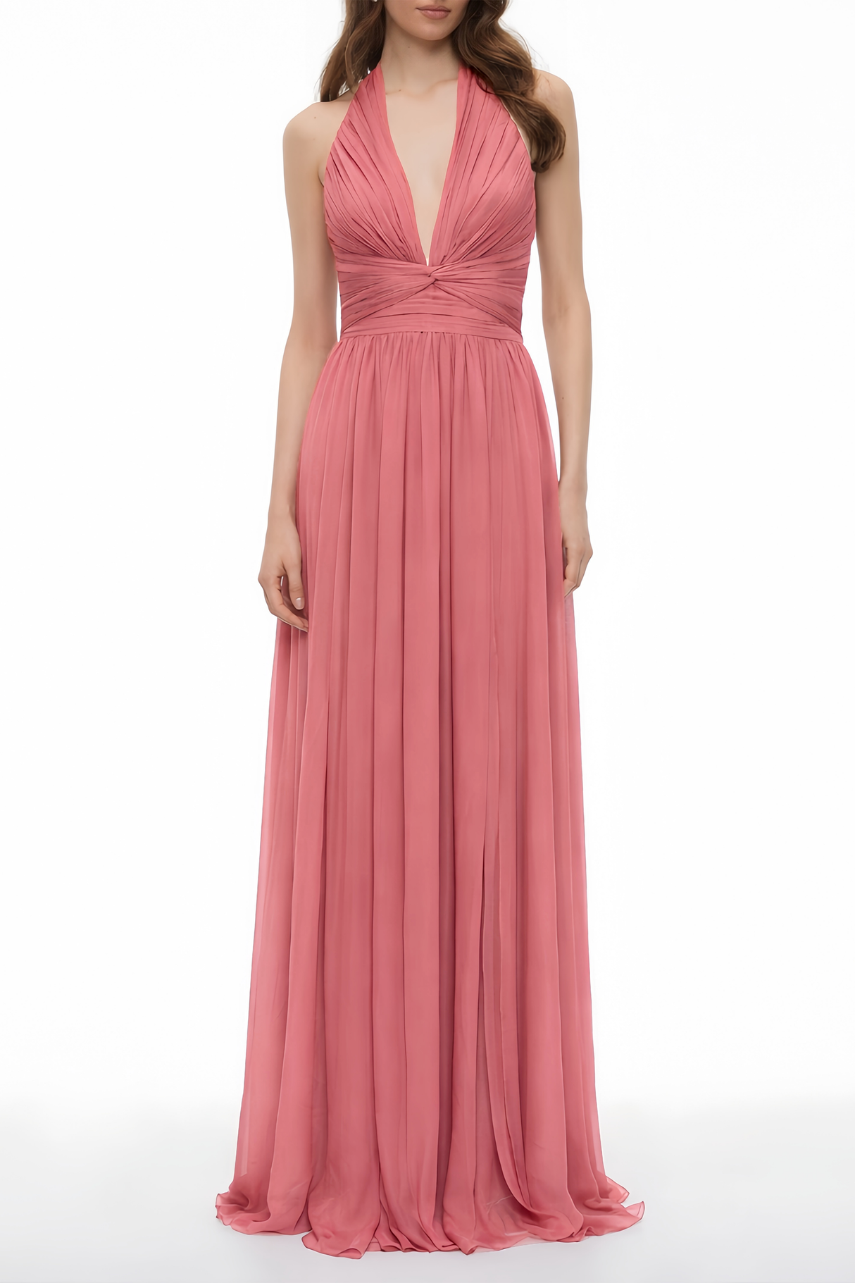 Aurohaya Macioci Pink Halterneck Ruched Maxi Dress with Criss Cross Front