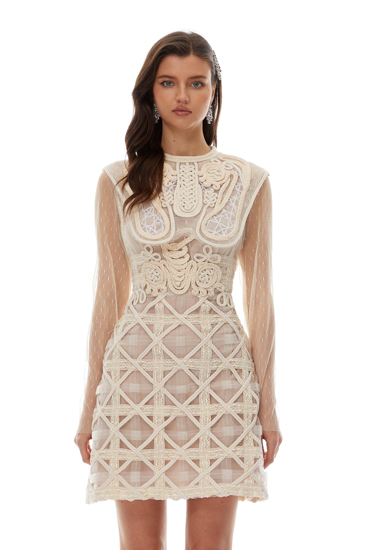 Aurohaya Elena White Braided Crochet Mini Dress