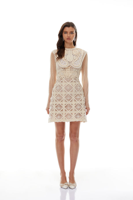 Aurohaya Elena White Braided Crochet Mini Dress
