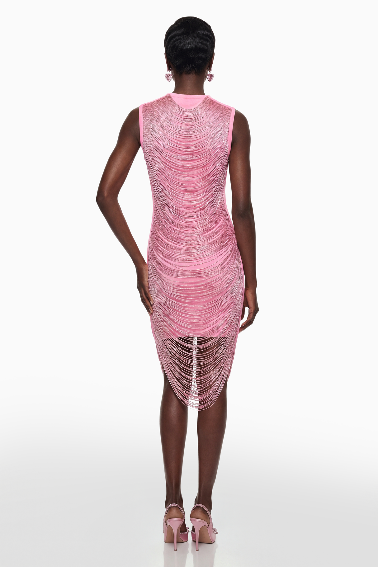 Aurohaya Eleonora Pink Fringed Bandage Mini Dress