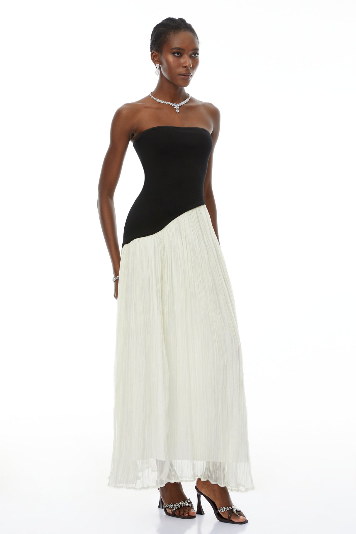 Aurohaya Eléonore Contrast-Color Tulle Panel Maxi Dress