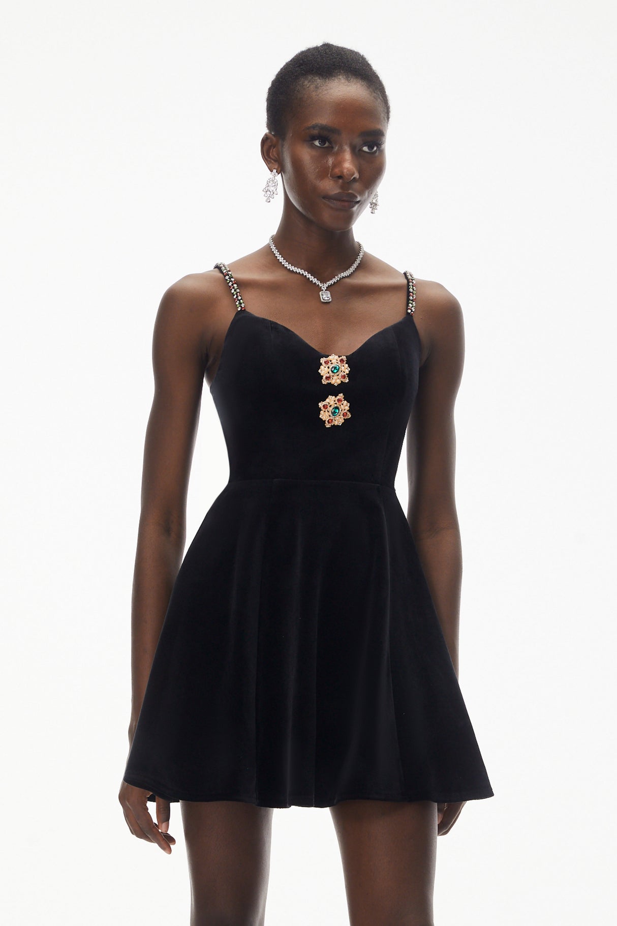 Aurohaya Elettra Black Off Shoulder Embellished Mini Dress
