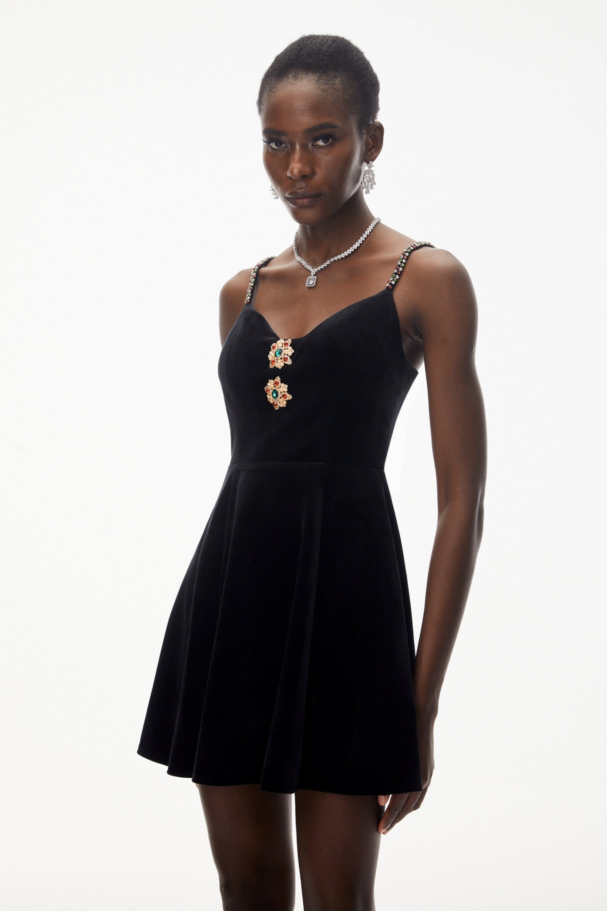 Aurohaya Elettra Black Off Shoulder Embellished Mini Dress
