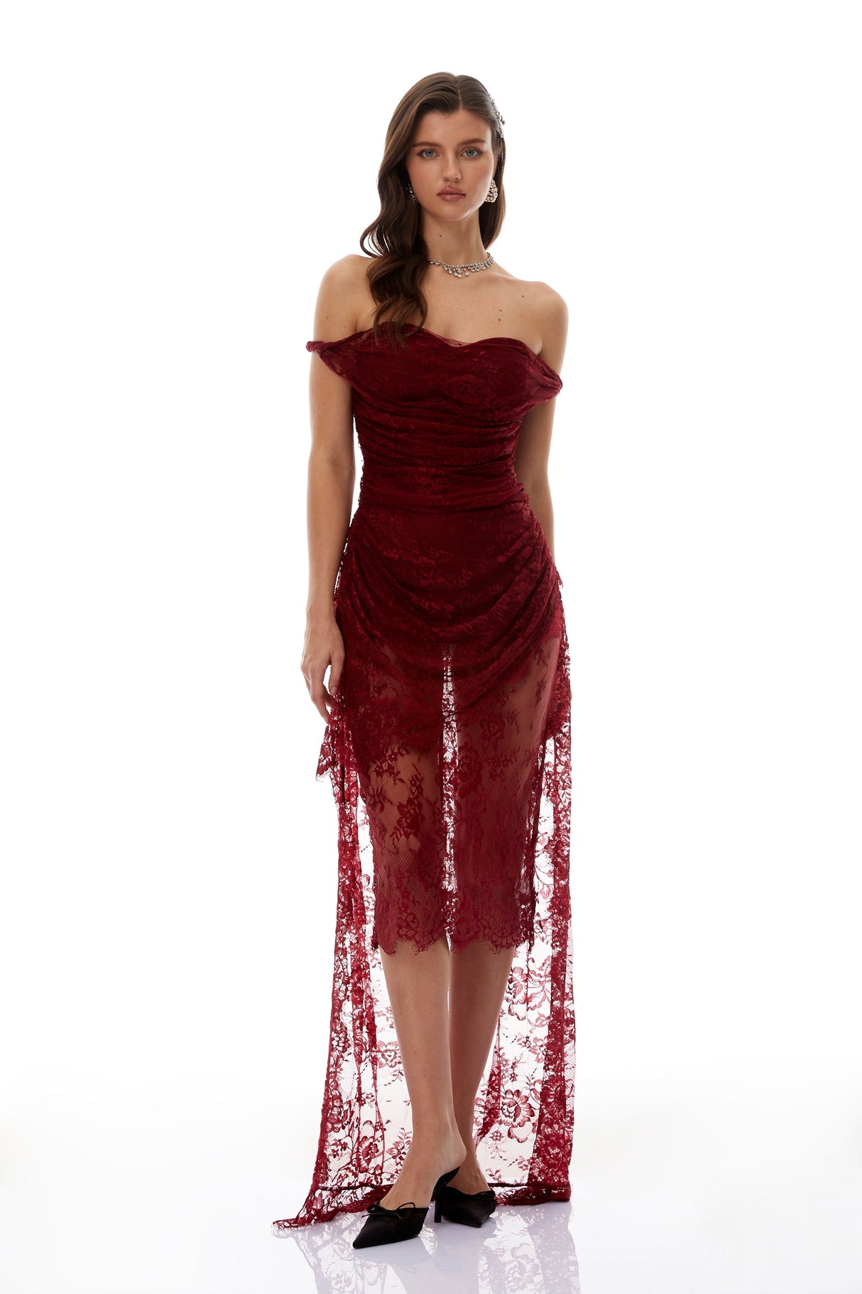 Aurohaya Eline Burgundy Ruched Floral Lace Gown