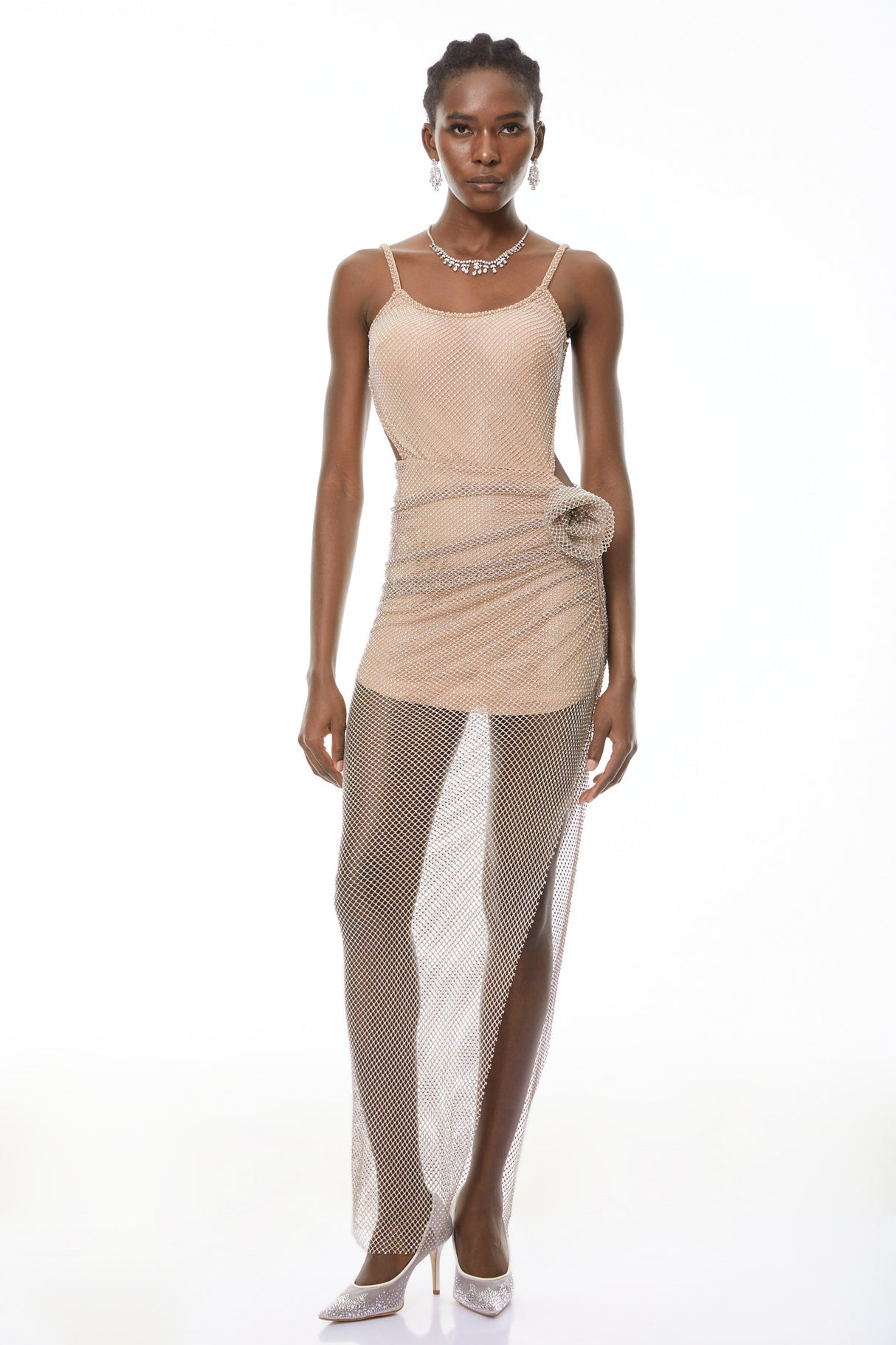 Aurohaya Eliza Champagne Rhinestone Ruched Maxi Dress