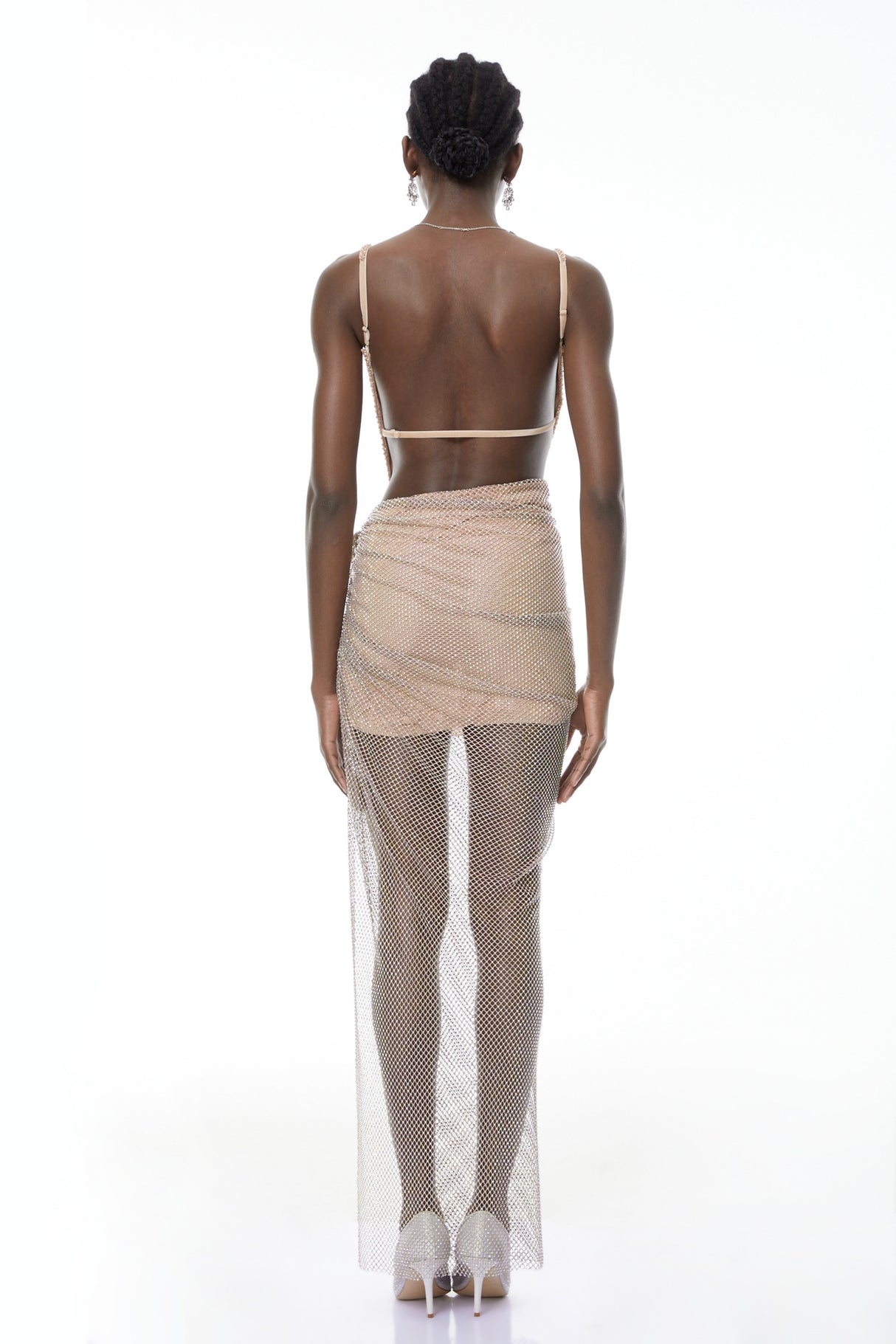 Aurohaya Eliza Champagne Rhinestone Ruched Maxi Dress