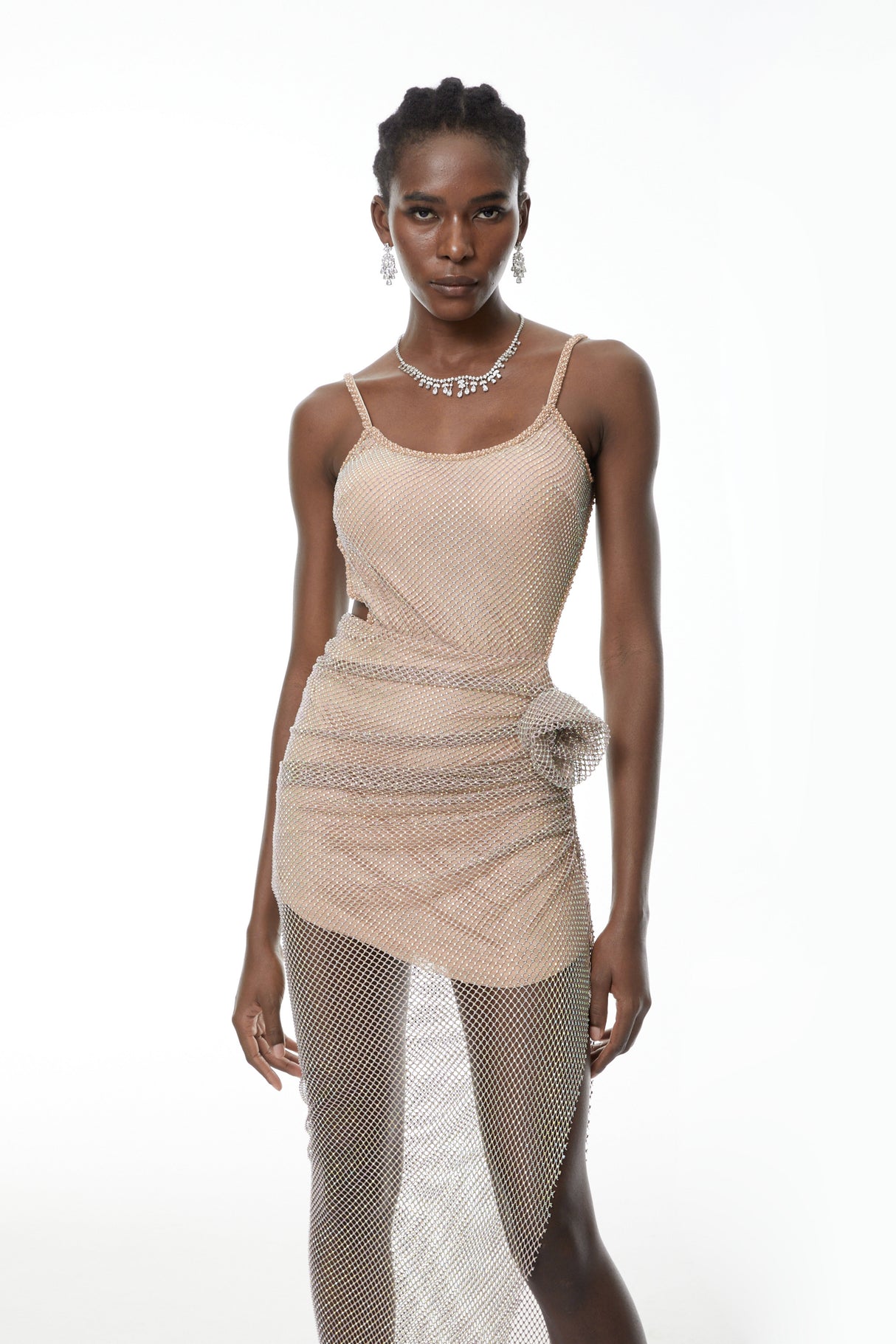 Aurohaya Eliza Champagne Rhinestone Ruched Maxi Dress