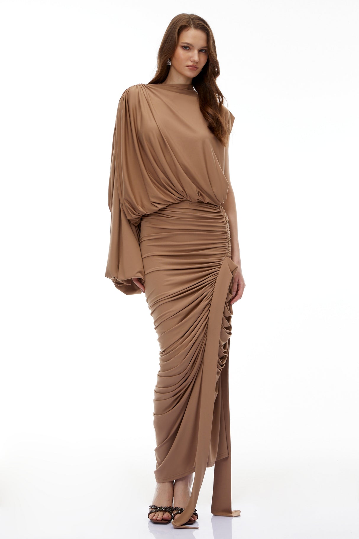 Aurohaya Elizabeth Camel Asymmetrical Draped Maxi Dress