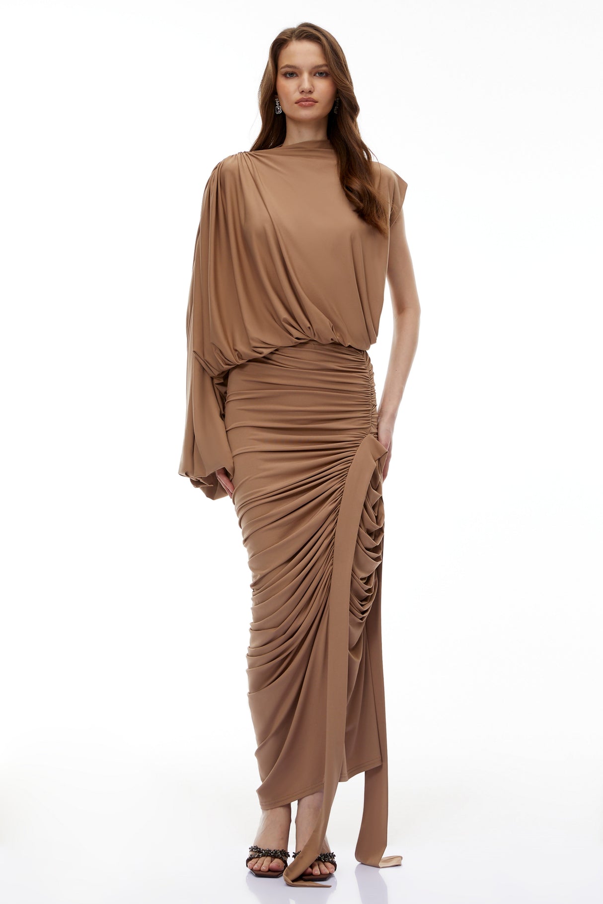 Aurohaya Elizabeth Camel Asymmetrical Draped Maxi Dress