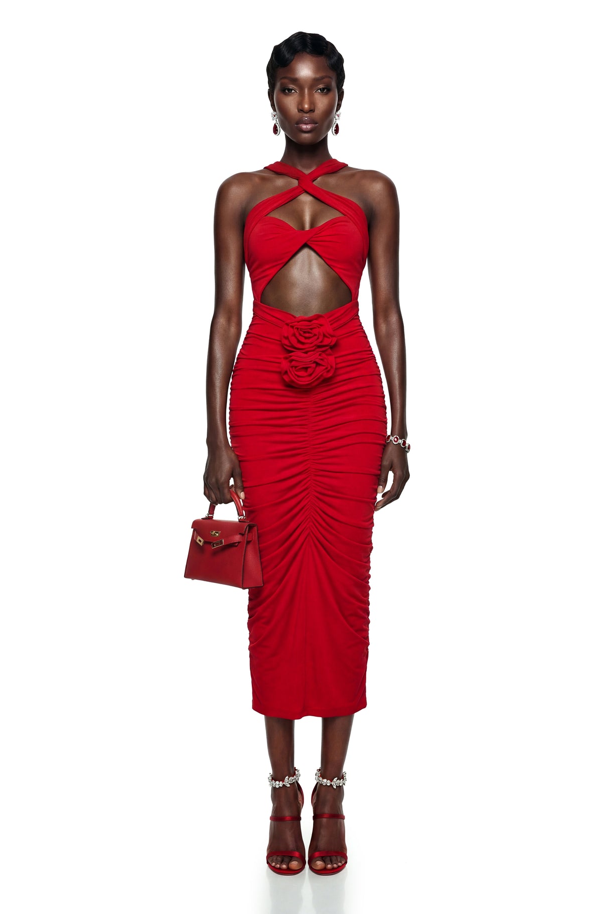 Aurohaya Elize Red Criss Cross Maxi Dress with 3D Petals