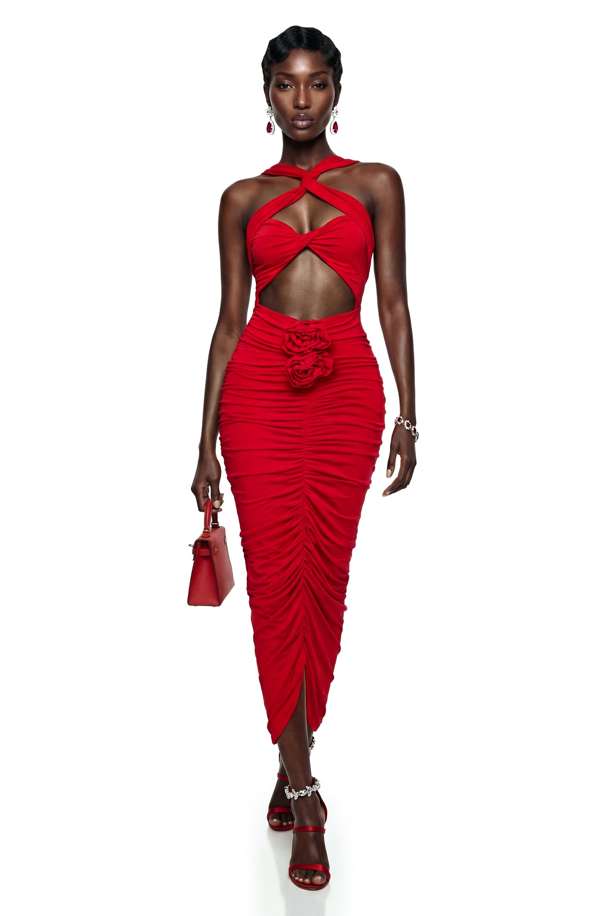 Aurohaya Elize Red Criss Cross Maxi Dress with 3D Petals
