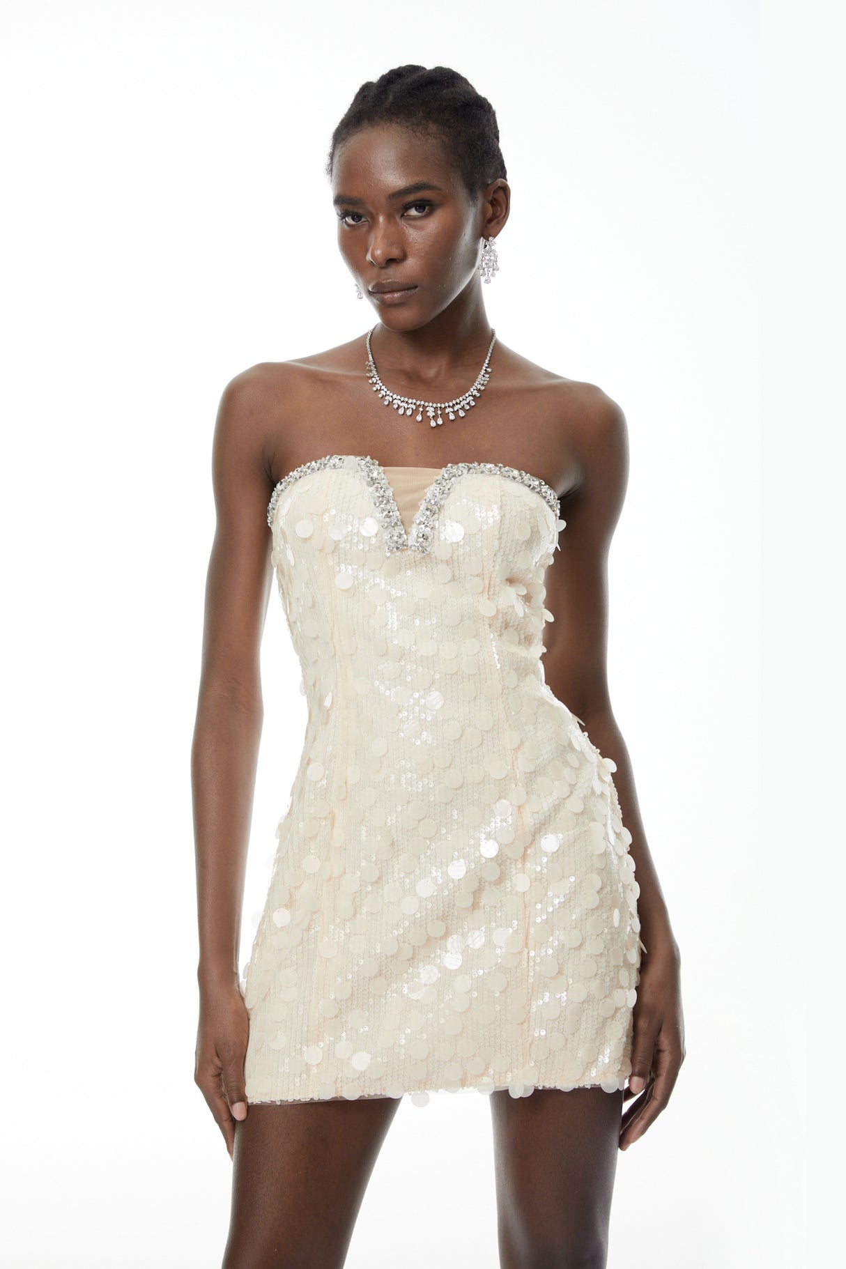 Aurohaya Elliana Cream White Sequin Mini Dress