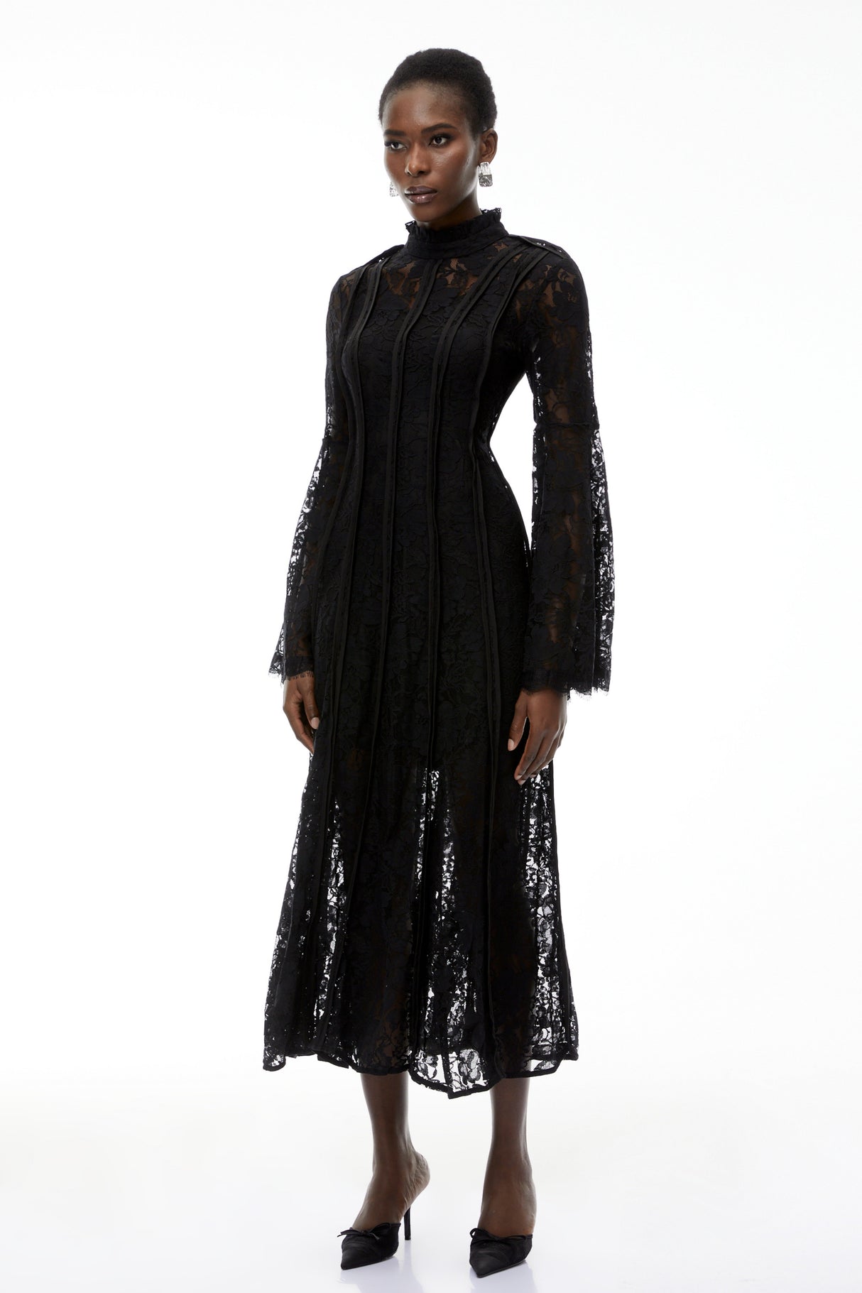 Aurohaya Elodiea Black Floral Lace Flared Sleeves Midi Dress