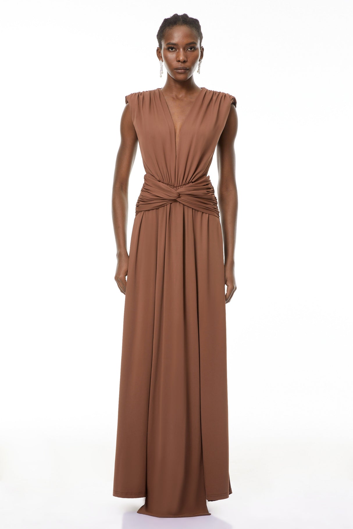 Aurohaya Else Brown Deep V-Neck Twisted Maxi Dress