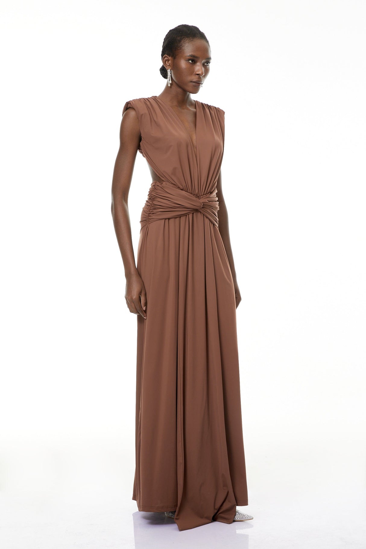 Aurohaya Else Brown Deep V-Neck Twisted Maxi Dress