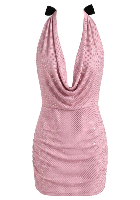 Embellished Draped Bow Detail Dress Pink