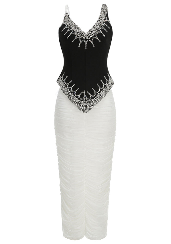 Embellished Draped Corset Two Piece Midi Dress Black White