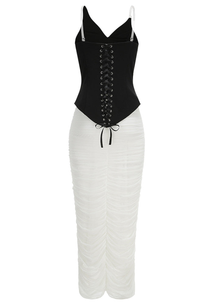 Embellished Draped Corset Two Piece Midi Dress Black White