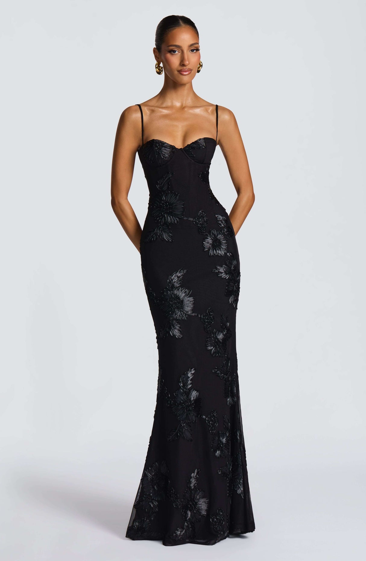 Aurohaya Émeline Floral Appliqué Corset Maxi Dress Black