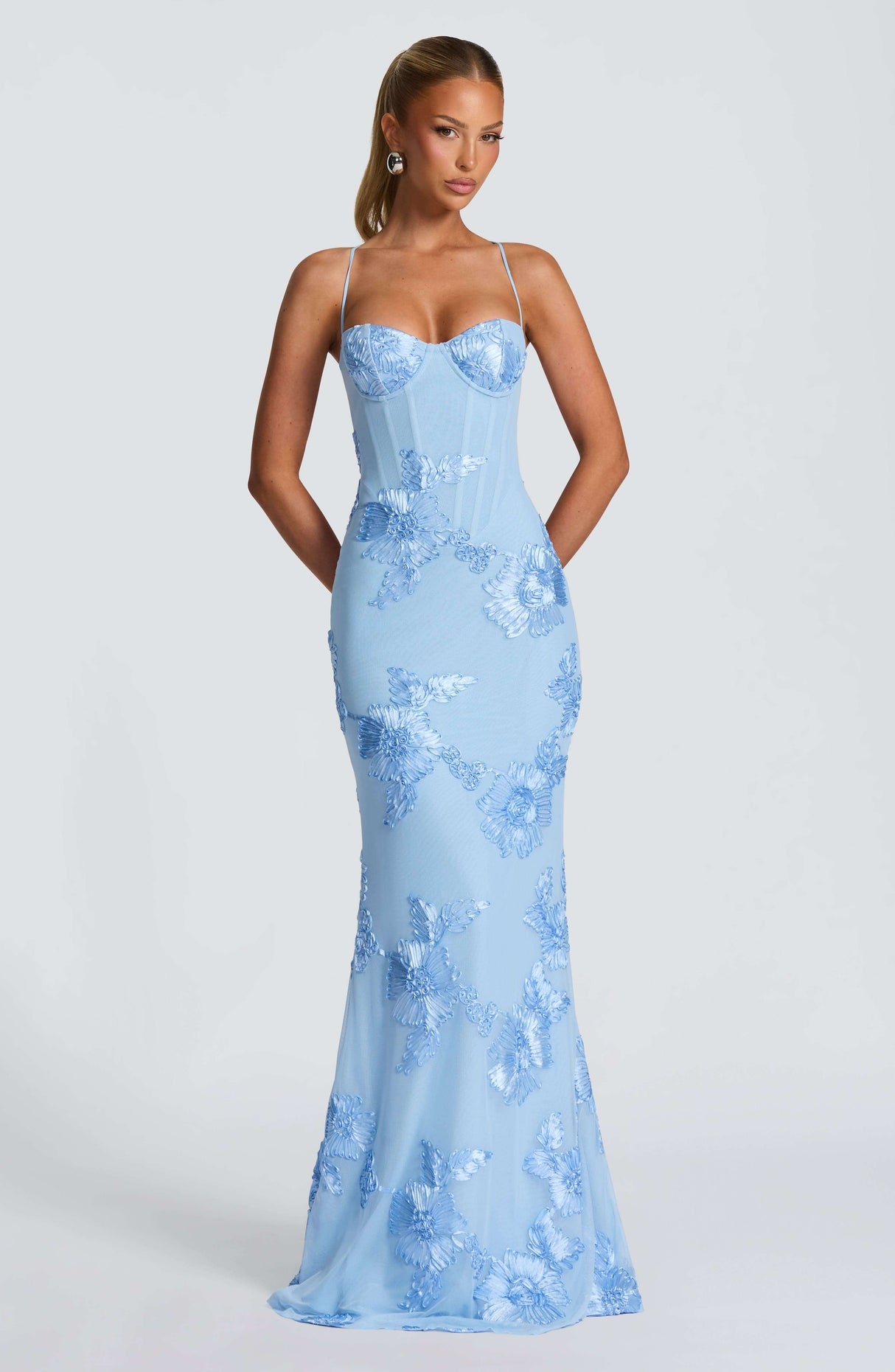 Aurohaya Émeline Floral Appliqué Corset Maxi Dress Blue