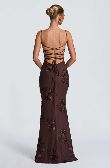 Aurohaya Émeline Floral Appliqué Corset Maxi Dress
