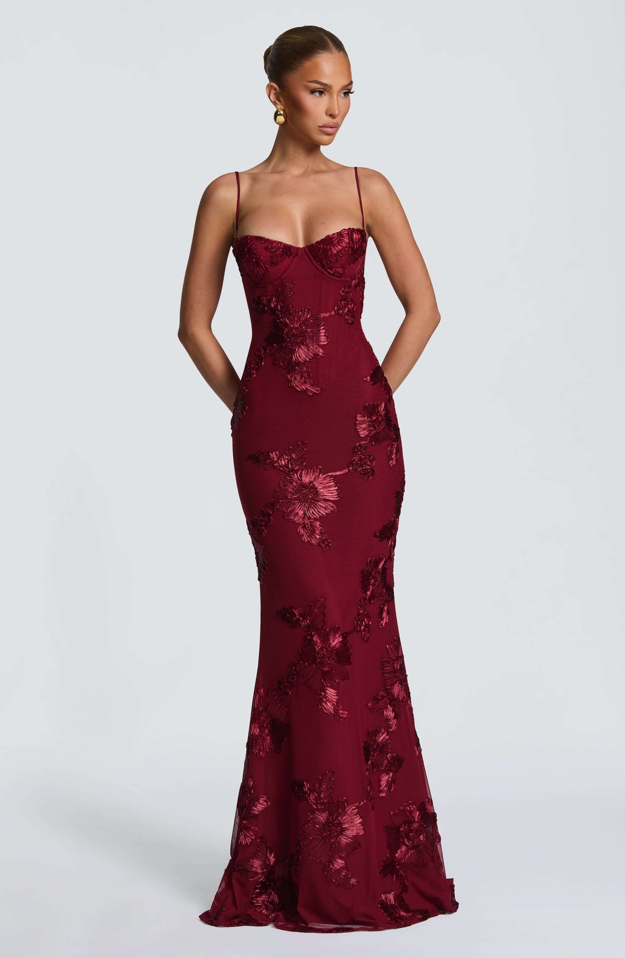 Aurohaya Émeline Floral Appliqué Corset Maxi Dress Wine