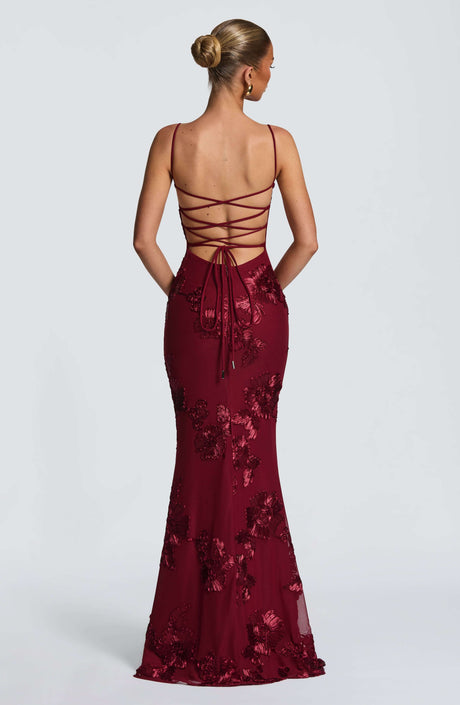 Aurohaya Émeline Floral Appliqué Corset Maxi Dress