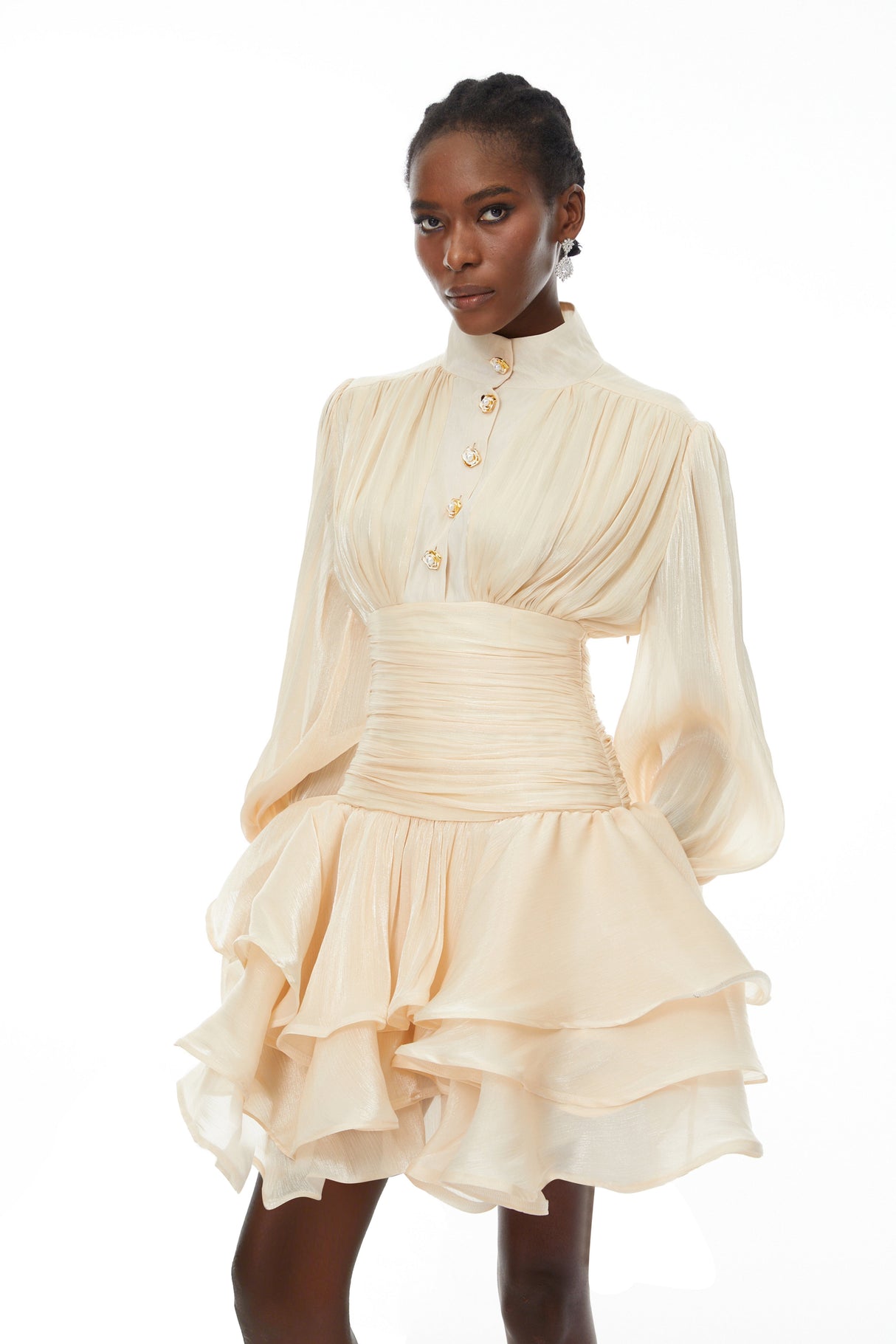 Aurohaya Emersyn Neutrals High-Neck Ruffled Detail Mini Dress