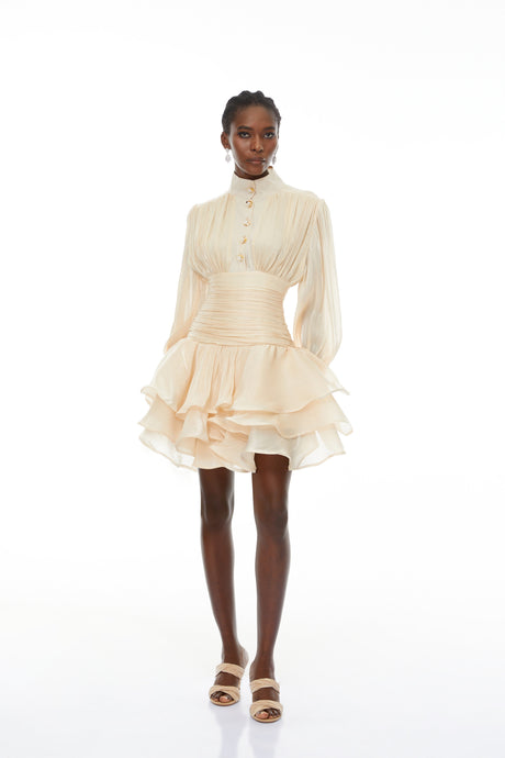 Aurohaya Emersyn Neutrals High-Neck Ruffled Detail Mini Dress