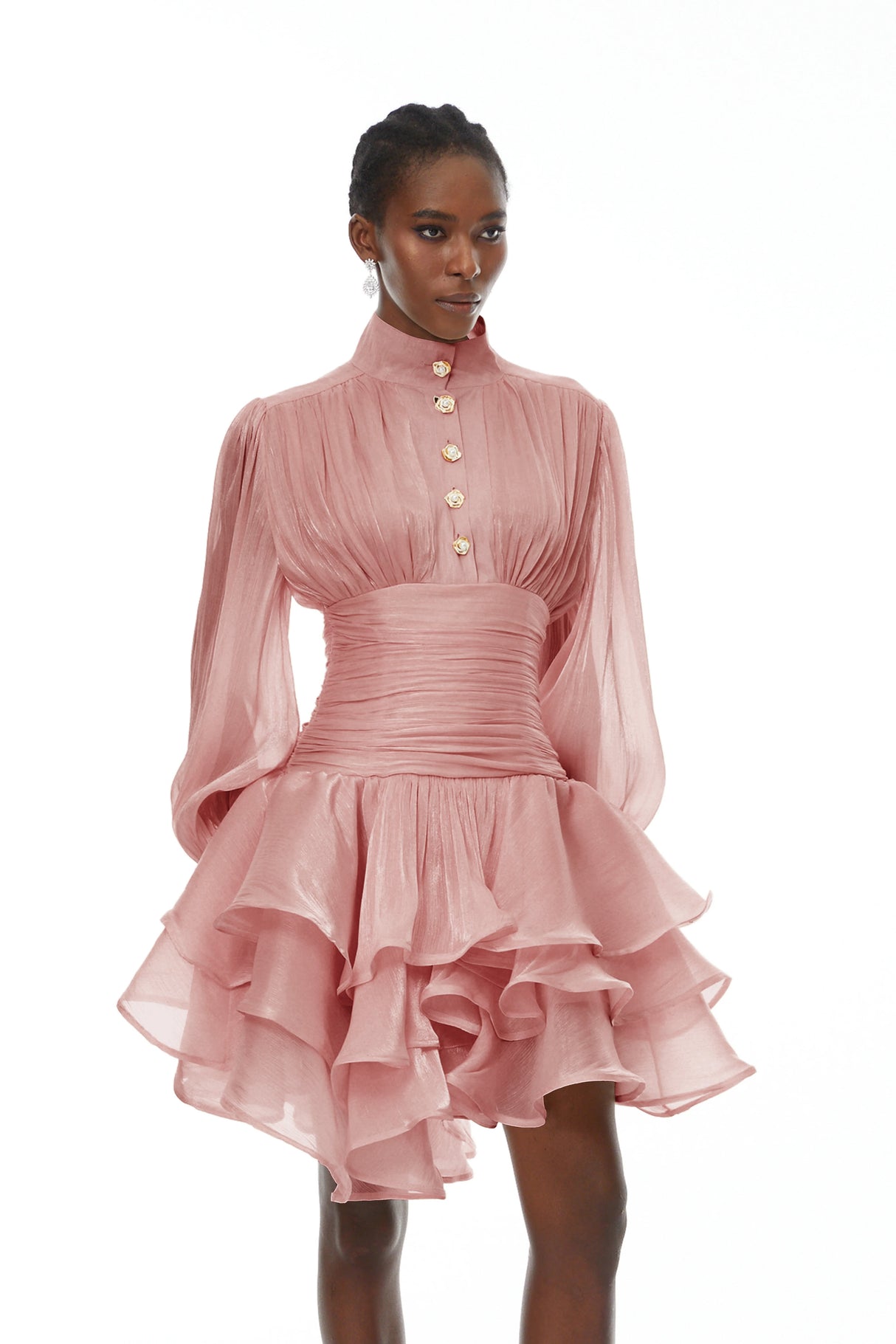 Aurohaya Emersyn Pink High-Neck Ruffled Detail Mini Dress