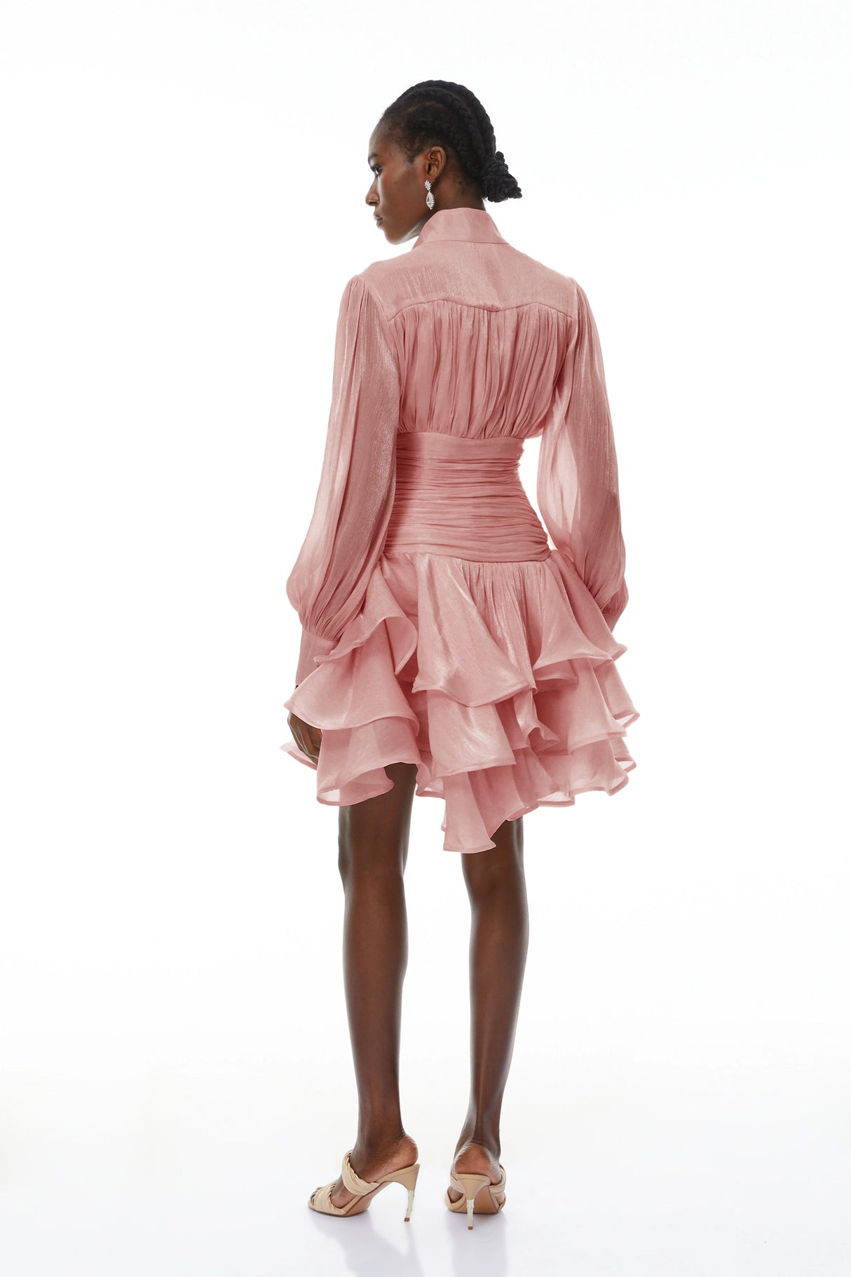 Aurohaya Emersyn Pink High-Neck Ruffled Detail Mini Dress