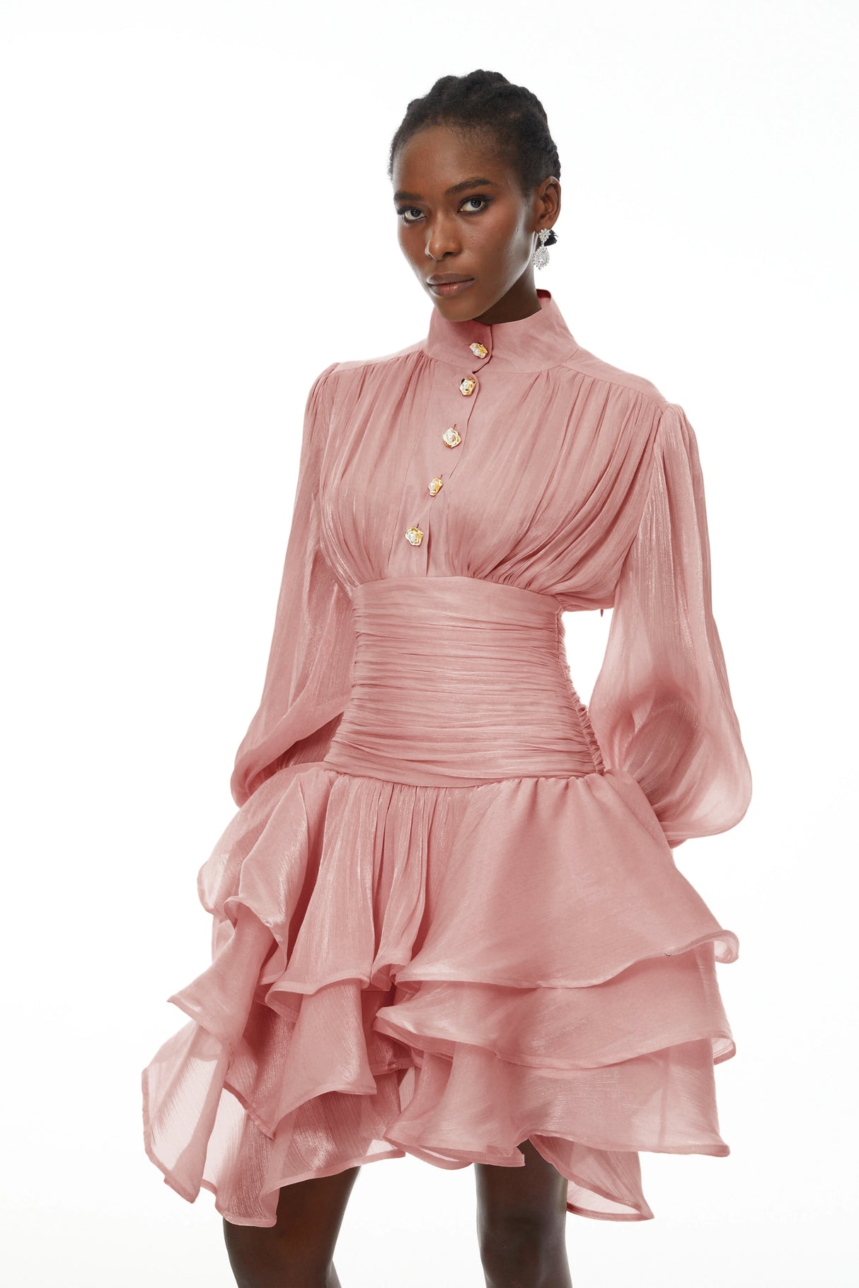 Aurohaya Emersyn Pink High-Neck Ruffled Detail Mini Dress