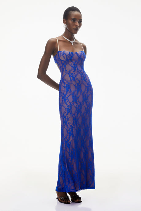 Aurohaya Emilia Navy Blue Floral Lace Maxi Dress
