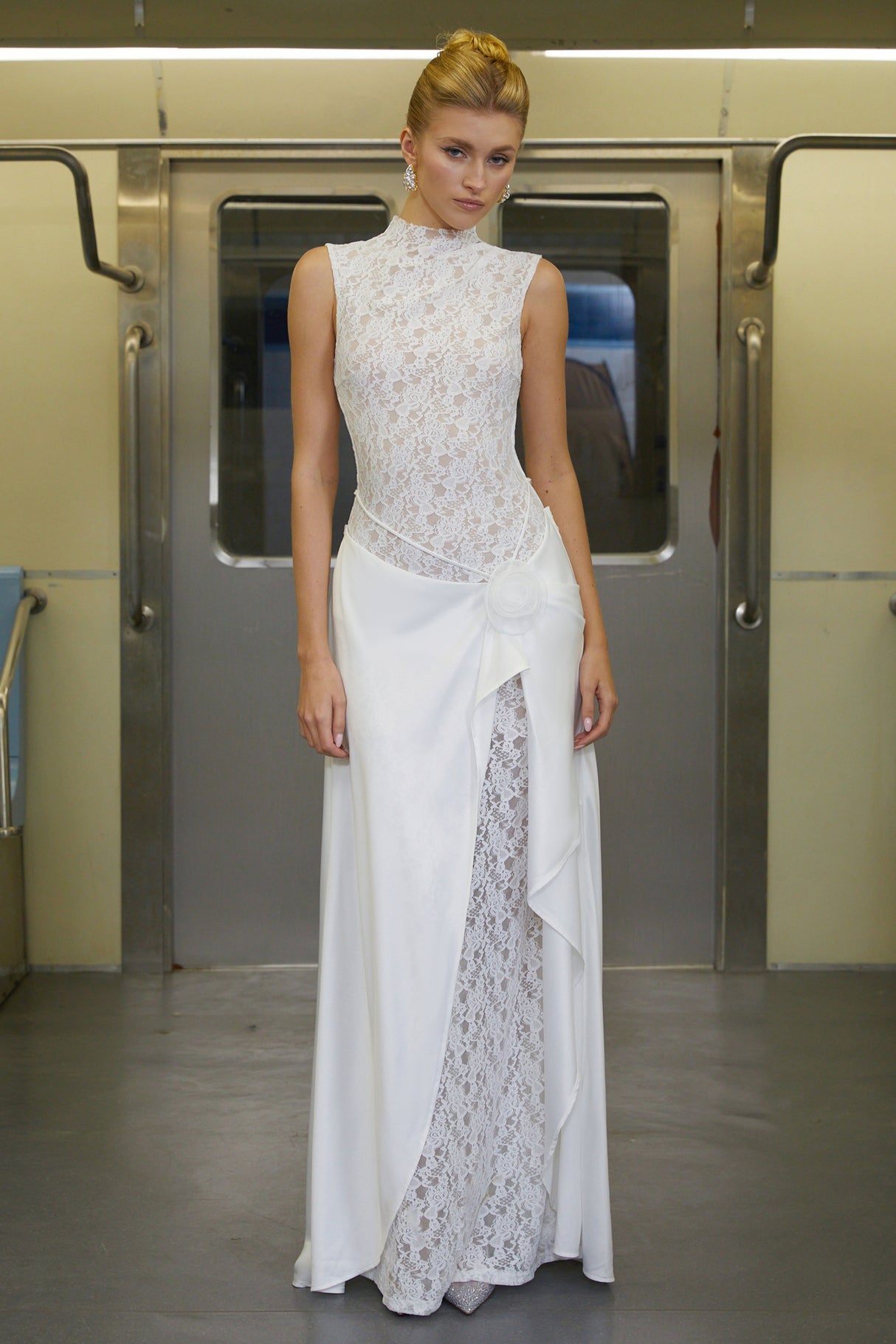 Aurohaya Emilia White Asymmetrical Floral Lace Maxi Dress