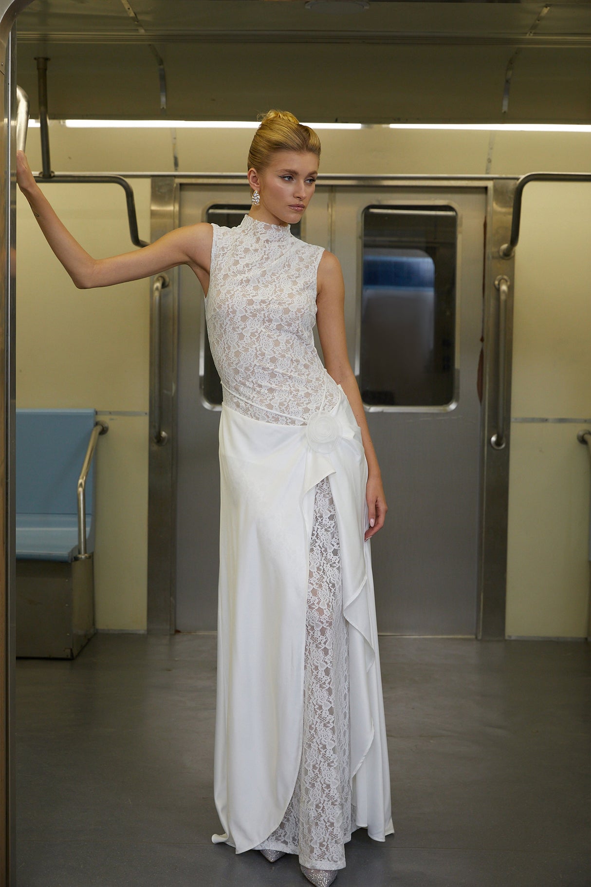 Aurohaya Emilia White Asymmetrical Floral Lace Maxi Dress
