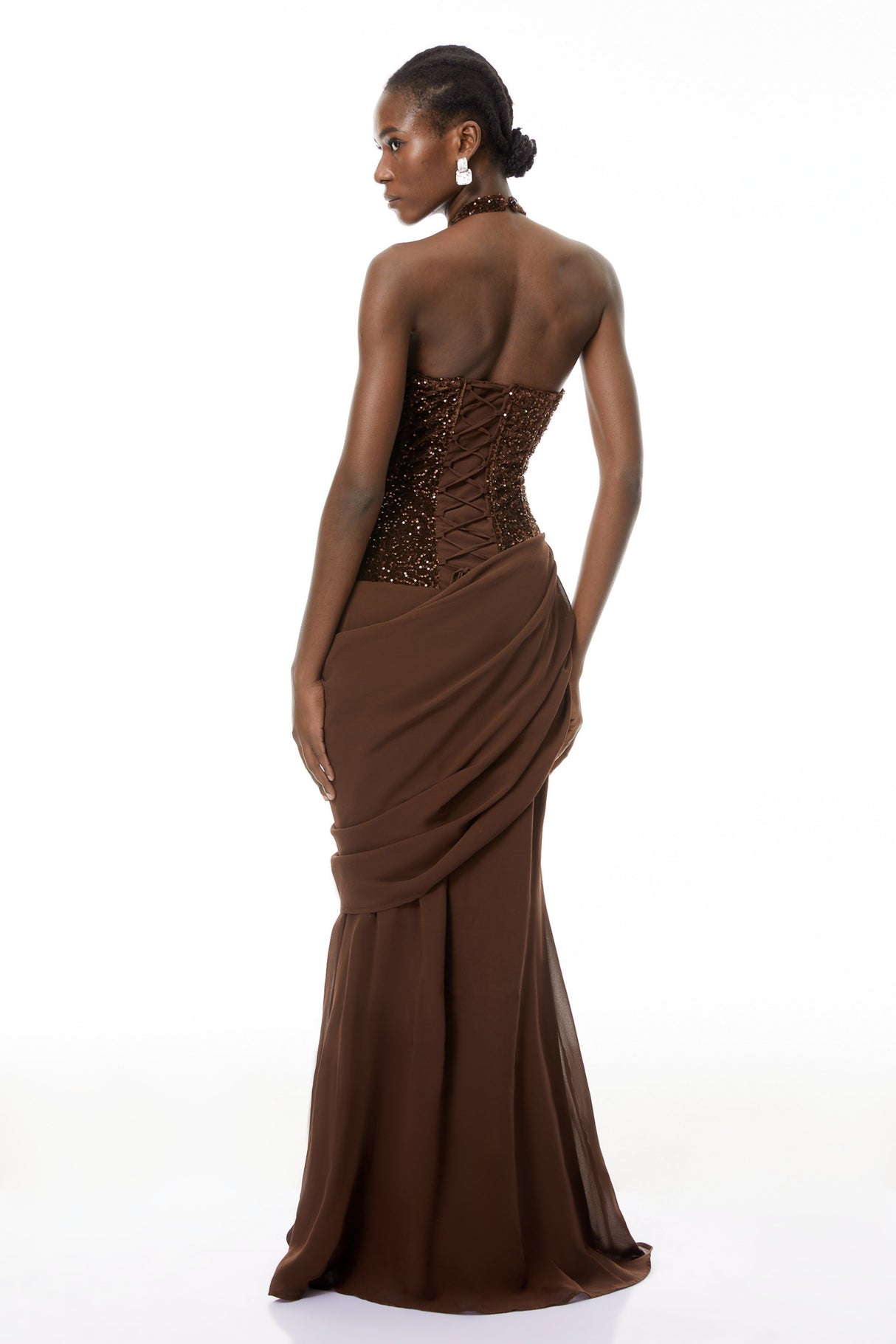 Aurohaya Emma Brown Halterneck Sequin Panel Maxi Gown