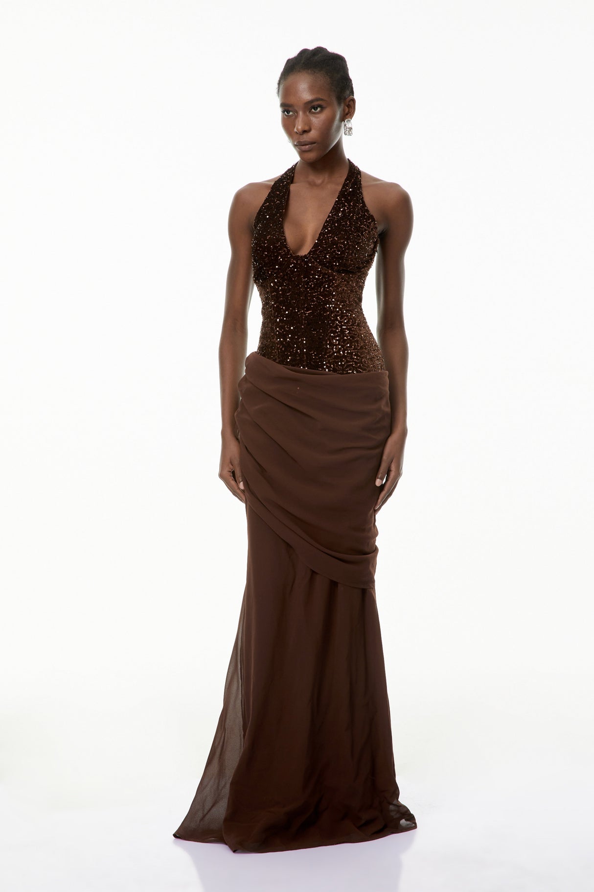 Aurohaya Emma Brown Halterneck Sequin Panel Maxi Gown