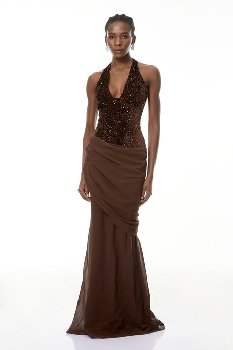 Aurohaya Emma Brown Halterneck Sequin Panel Maxi Gown