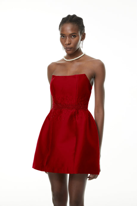 Aurohaya Eneko Red Bead Embellished Mini Dress