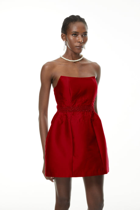 Aurohaya Eneko Red Bead Embellished Mini Dress