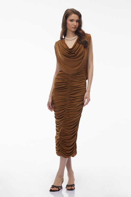 Aurohaya Ereshkigal Brown Ruched Bodycon Midi Dress