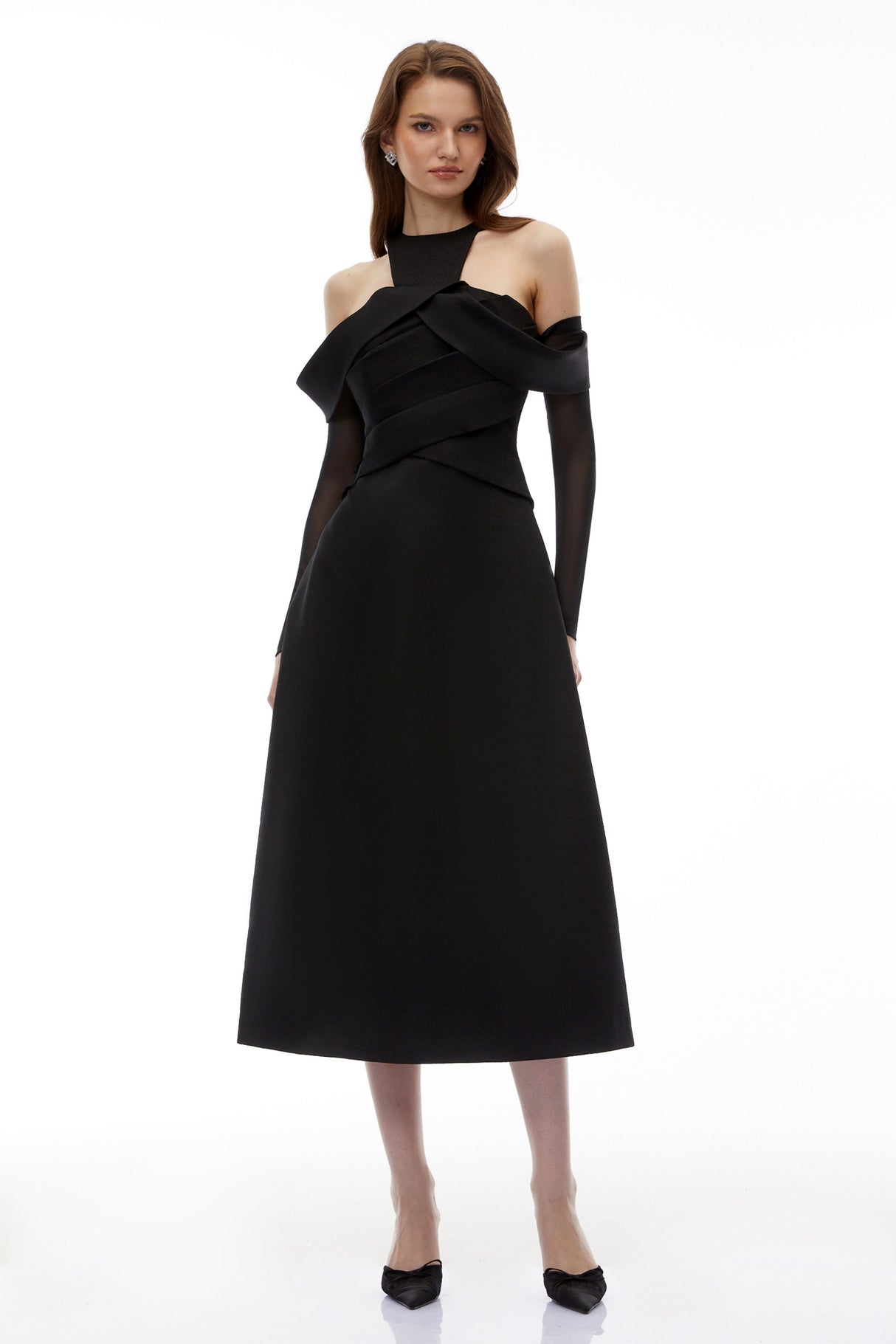 Aurohaya Erika Black Cold Shoulder Draped Midi Dress