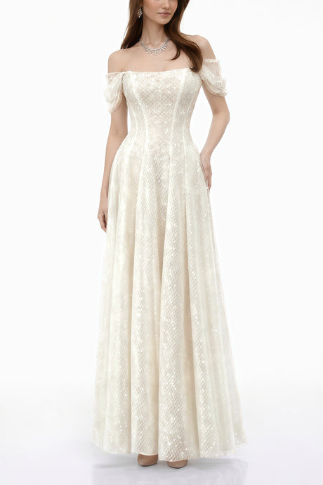 Aurohaya Esme White Off Shoulder Embellished Maxi Dress