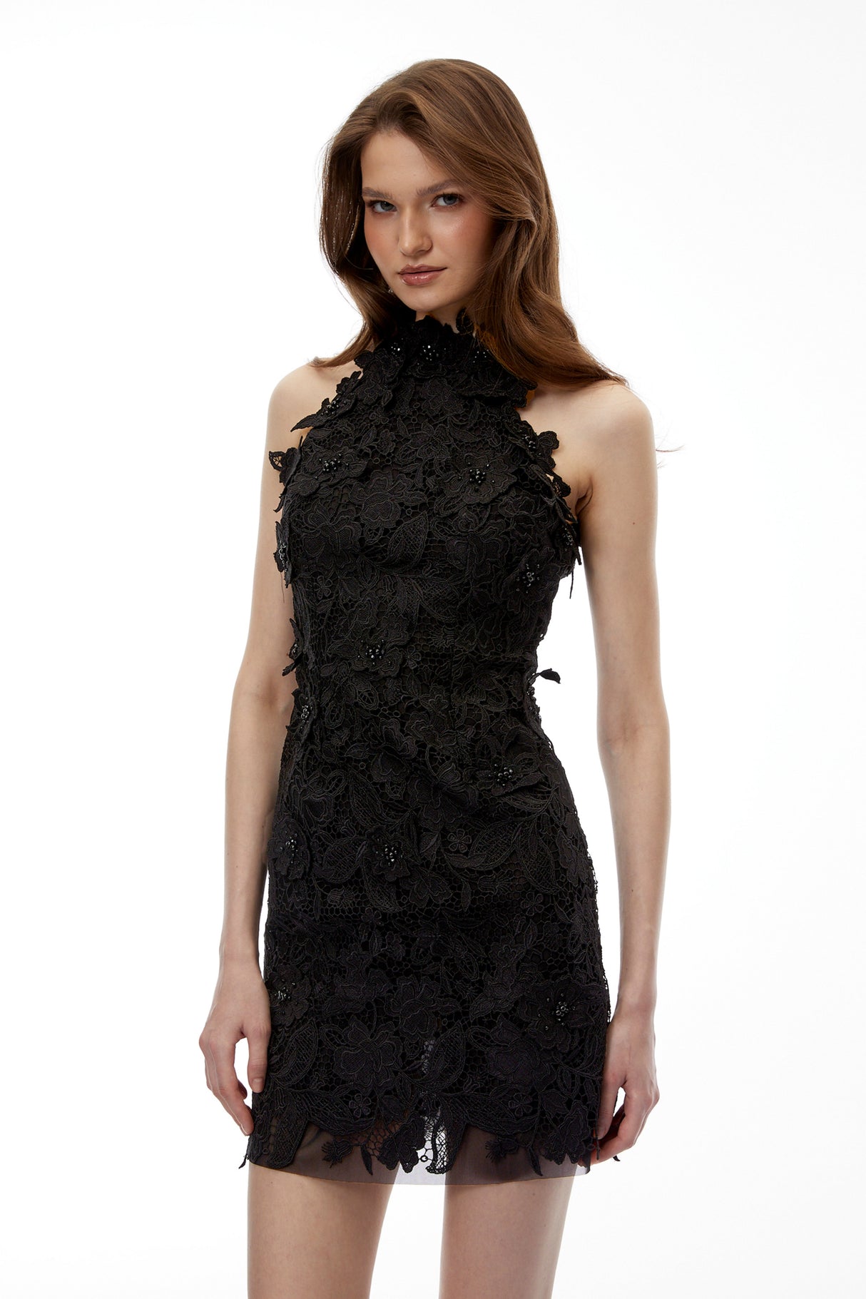 Aurohaya Estelle Black High Neck Lace Mini Dress