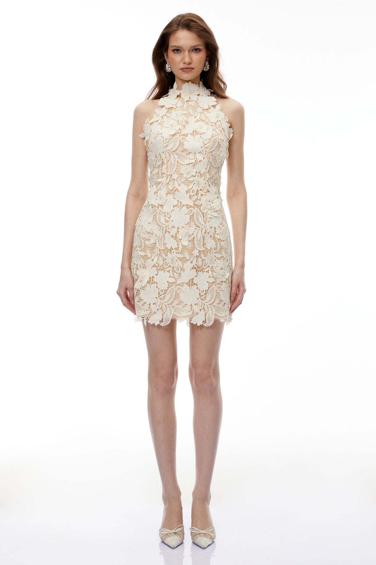Aurohaya Estelle Neutral High Neck Lace Mini Dress