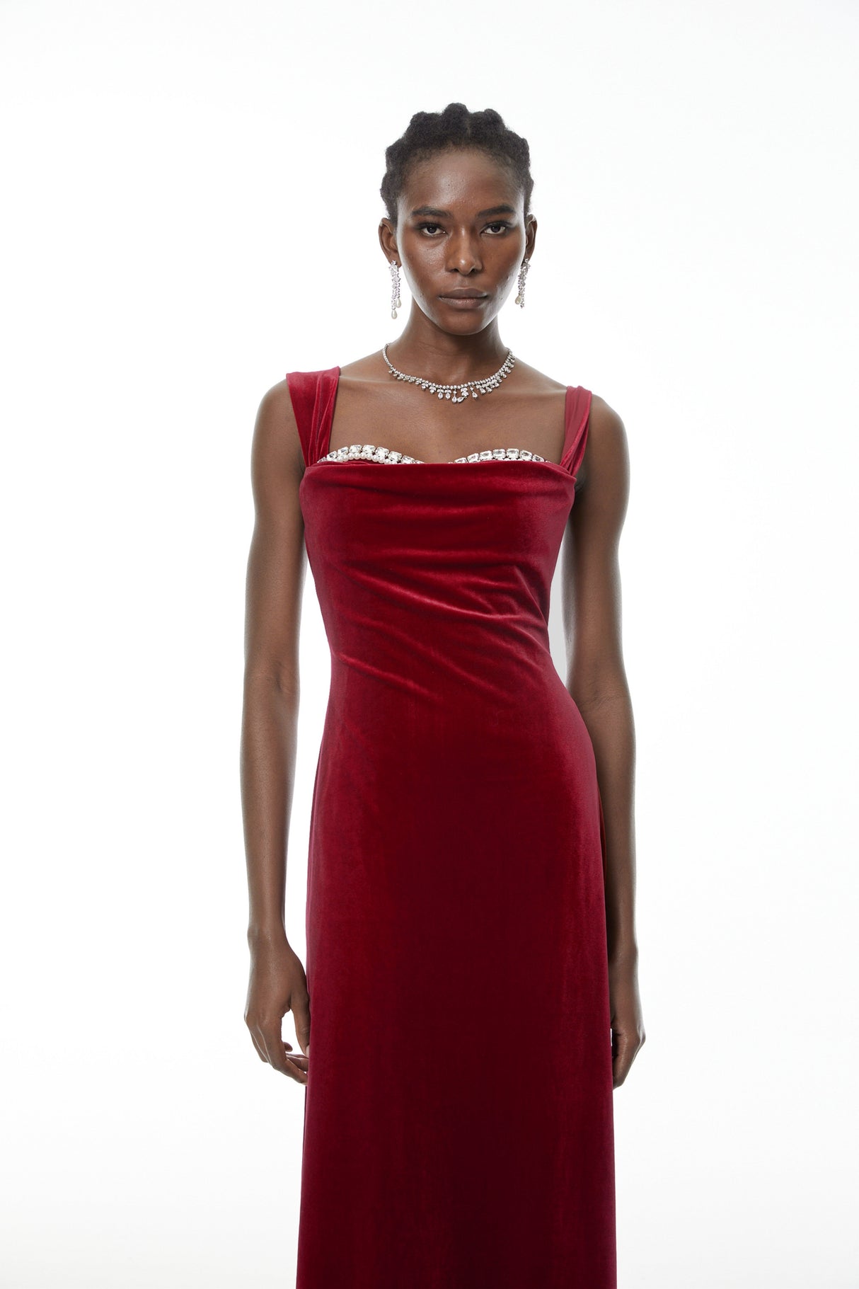 Aurohaya Eufrosina Red Velvet Maxi Dress with Crystals