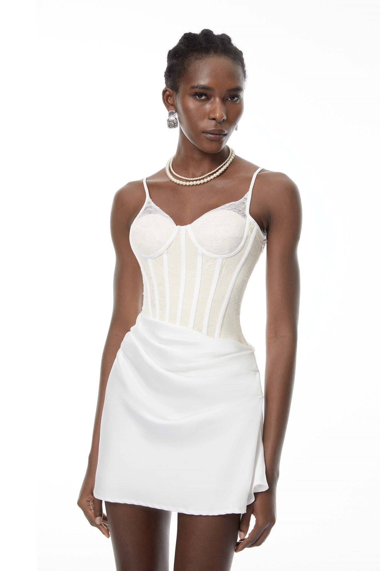 Aurohaya Eufrosina White Bodycon Mini Dress with Lace Panels