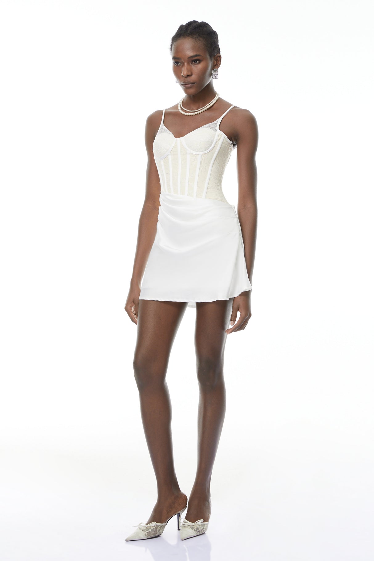 Aurohaya Eufrosina White Bodycon Mini Dress with Lace Panels