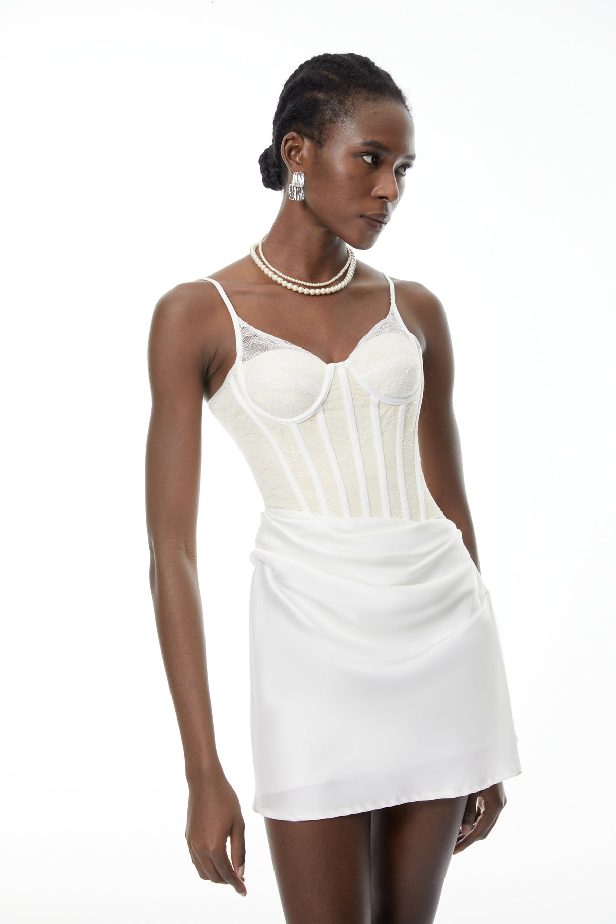 Aurohaya Eufrosina White Bodycon Mini Dress with Lace Panels